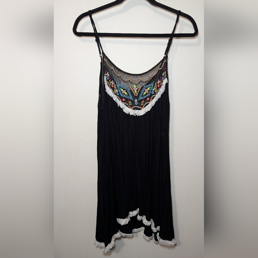 Avani Del Amour Embroidered Mini Sundress Black Fringe Hem Boho Women's Size L